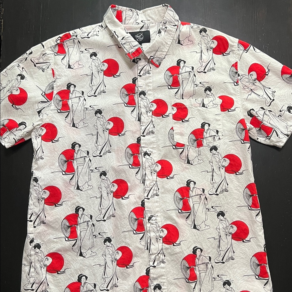 White and Red Graphic Button-Up Shirt with Geisha girls